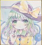  1girl black_hat blouse bow buttons diamond_button eyeball frilled_shirt_collar frilled_sleeves frills green_hair hat hat_bow hat_ribbon heart heart_of_string hiyuu_(hiyualice) komeiji_koishi ribbon shirt solo third_eye touhou traditional_media wide_sleeves yellow_bow yellow_ribbon yellow_shirt 