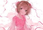  1girl antenna_hair brown_hair cardcaptor_sakura dress green_eyes hair_intakes hair_ribbon hanakazesun highres kinomoto_sakura looking_at_viewer open_mouth petals pink_dress pink_ribbon ribbon short_hair smile solo two_side_up upper_body white_background 