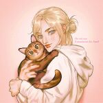  1girl animal annie_leonhart blonde_hair brown_fur cat closed_mouth commission grey_eyes hair_up holding holding_animal holding_cat hood hood_down hoodie jewelry lacampanule long_sleeves looking_at_viewer medium_hair parted_bangs pink_background ring shingeki_no_kyojin smile solo swept_bangs upper_body white_hoodie 