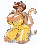 2024 anthro april_o&#039;neil big_breasts blep blue_eyes breasts brown_body brown_fur brown_hair cleavage clothed clothing digital_media_(artwork) felid feline female fur hair hi_res huge_breasts jindragowolf mammal solo teenage_mutant_ninja_turtles tongue tongue_out torn_clothing wide_hips