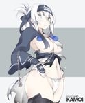  between_breasts black_legwear breasts chain character_name cowboy_shot detached_sleeves eyebrows_visible_through_hair folded_hair fundoshi grey_eyes hair_between_eyes hair_censor hair_over_breasts headband japanese_clothes kamoi_(kantai_collection) kantai_collection medium_breasts navel parted_lips sidelocks simple_background solo souji thick_eyebrows thighhighs torn_clothes white_hair 