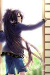  commentary_request fudou_yukimitsu hood hoodie kiwame_(touken_ranbu) long_hair looking_back male_focus oumi_sanaka ponytail purple_eyes purple_hair shorts sliding_doors smile solo touken_ranbu 