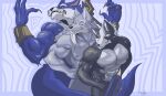 absurd_res anthro biceps blue_body blue_fur bracelet canid canine canis claws eye_patch eyebrows eyewear facial_hair fangs fur grey_body grey_fur group hi_res holding_object holding_weapon jewelry law_(sdorica) league_of_legends looking_at_viewer male male/male mammal multicolored_body multicolored_fur muscular muscular_anthro muscular_male mustache mythological_canine mythological_creature mythology nintendo nipples nude pinumontbalou riot_games sdorica size_difference smile smiling_at_viewer star_fox tail teeth tencent trio two_tone_body two_tone_fur warwick_(lol) weapon were werecanid werecanine werewolf white_body white_fur wolf wolf_o&#039;donnell