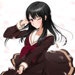  1girl absurdres black_hair brown_shirt brown_skirt cherry_blossoms closed_mouth falling_petals floating_hair hibike!_euphonium highres kitauji_high_school_uniform kousaka_reina long_hair long_sleeves looking_at_viewer natme24 neckerchief one_eye_closed petals pleated_skirt purple_eyes red_neckerchief sailor_collar school_uniform serafuku shirt skirt solo uniform winter_uniform 