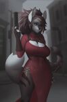 anthro big_breasts blue_eyes breasts capcom clothed clothing dress female frieder1 gun hi_res holster piercing ranged_weapon red_clothing red_dress resident_evil slit_dress solo street town weapon wide_hips