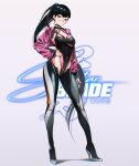  1girl black_hair bodysuit breasts brown_eyes cesar_art456 eve_(stellar_blade) frown full_body glasses hand_on_own_hip high_heels highres long_hair looking_at_viewer official_alternate_costume official_alternate_hair_length official_alternate_hairstyle ponytail simple_background skin_tight solo standing stellar_blade very_long_hair 