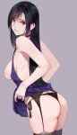  1girl absurdres ass ass_focus bare_shoulders black_hair black_panties blush breasts closed_mouth clothes_lift clothes_pull dress dress_lift dress_pull final_fantasy final_fantasy_vii final_fantasy_vii_remake from_side garter_belt grey_background highres lifted_by_self long_hair looking_at_viewer looking_to_the_side nipples panties purple_dress red_eyes side-tie_panties sideboob simple_background skindentation sleeveless sleeveless_dress solo straight_hair thong tifa_lockhart tifa_lockhart_(refined_dress) underwear very_long_hair yamaishi_(mukoubuti) 