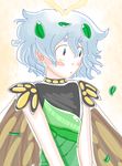  :o antennae blue_hair butterfly_wings dotmaru eternity_larva hair_ornament highres insect_girl leaf leaf_clothing leaf_hair_ornament leaf_on_head looking_away multicolored multicolored_eyes short_hair touhou wings yellow_background 