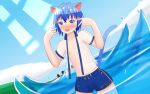  1boy animal_ears artist_name beach blue_eyes cat_boy cat_ears highres jacket male_focus nekomi_ch nipples ocean original see-through see-through_shirt solo summer swimsuit virtual_youtuber 