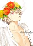  1boy bare_pectorals bishounen blonde_hair character_request cigarette collarbone collared_shirt commentary_request copyright_request dated english_commentary flower flower_request hair_between_eyes head_wreath hinohara_meguru jewelry looking_ahead looking_up male_focus open_clothes open_shirt orange_flower pectorals pendant pink_eyes shirt short_hair short_sleeves simple_background smoke smoking solo upper_body white_background white_shirt yellow_flower 