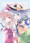  2girls ascot bat_wings black_hat blonde_hair blouse bow buttons crystal diamond_button eyeball flandre_scarlet frilled_shirt_collar frilled_sleeves frills green_eyes green_hair green_skirt hat hat_bow hat_ribbon heart heart_of_string hiyuu_(hiyualice) komeiji_koishi mob_cap multicolored_eyes multicolored_wings multiple_girls one_side_up puffy_short_sleeves puffy_sleeves red_eyes red_skirt red_vest ribbon shirt short_sleeves side_ponytail skirt skirt_set third_eye touhou vest white_hat wide_sleeves wings yellow_ascot yellow_bow yellow_ribbon yellow_shirt 