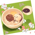  absurdres bowl floral_background food food_focus highres no_humans original pouring sauce takisou_sou 