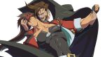  2boys abs ashensol bara beard brown_hair dark-skinned_male dark_skin facial_hair full_beard guilty_gear highres imminent_bite large_pectorals male_focus mature_male multiple_boys pectoral_cleavage pectorals short_hair slayer_(guilty_gear) sol_badguy spiked_hair upper_body vampire yaoi 