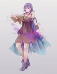  bare_shoulders book cape dress fire_emblem fire_emblem:_seima_no_kouseki highres holding holding_book looking_at_viewer lute_(fire_emblem) purple_hair simple_background smile solo 