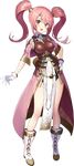  armor bangs blush boobplate boots breastplate cape capelet eyebrows_visible_through_hair fire_emblem fire_emblem_echoes:_mou_hitori_no_eiyuuou fire_emblem_heroes full_body gloves hand_on_hip highres long_hair looking_at_viewer mae_(fire_emblem) matsui_hiroaki official_art open_mouth overskirt pelvic_curtain pink_hair red_eyes smile solo standing tiara transparent_background twintails white_gloves 