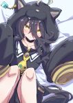  1girl animal_ears black_choker black_hair black_jacket cat_ears choker collarbone ear_tag fake_animal_ears hood hood_up hooded_jacket horse_girl horse_tail jacket knees long_bangs long_hair long_hair_between_eyes looking_at_viewer lying manhattan_cafe_(umamusume) necktie nodachi_(artist) on_back paw_pose sailor_collar sleeves_past_fingers sleeves_past_wrists solo tail umamusume very_long_hair yellow_eyes yellow_necktie 