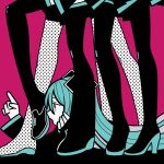  5girls aqua_eyes aqua_hair aqua_nails black_footwear boots commentary_request from_side hair_ornament halftone hatsune_miku head_rest high_heels index_finger_raised legs limited_palette long_hair long_sleeves lying machigami_yoh multiple_girls multiple_persona on_floor on_stomach open_mouth red_background revision standing thigh_boots vocaloid 