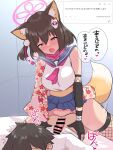  1boy 1girl anal animal_ear_fluff animal_ears bar_censor blue_archive blue_skirt brown_hair censored clothed_sex erection fishnet_thighhighs fishnets fox_ears fox_girl fox_hair_ornament fox_tail futa_on_male futa_with_male futanari gloves hair_ornament halo izuna_(blue_archive) lying neckerchief nisshisshi on_stomach open_mouth partially_fingerless_gloves penis pink_halo pink_neckerchief pink_scarf pom_pom_(clothes) pom_pom_hair_ornament prone_bone scarf sex skirt solo_focus speech_bubble tail thighhighs translation_request x-ray yellow_eyes 