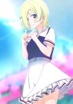  1girl ajapar belt blonde_hair blurry blurry_background closed_mouth collared_shirt commentary ear_piercing eyes_visible_through_hair frilled_skirt frills hair_ornament hair_over_one_eye hairclip highres index_fingers_together lemonade_(love_live!) looking_at_viewer love_live! love_live!_nijigasaki_high_school_idol_club mia_taylor piercing polo_shirt purple_eyes purple_shirt shirt short_hair short_sleeves skirt smile solo standing upper_body white_belt white_skirt 
