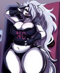 absurd_res anthro areola areola_slip big_breasts breasts canid canid_demon canine cleavage clothed clothing crop_top demon eyes_closed female fur grey_hair hair hair_over_eye hellhound helluva_boss hi_res huge_breasts legwear long_hair loona_(helluva_boss) mammal messy_hair midriff mythological_canine mythological_creature mythology nathanatwar one_eye_obstructed panties shirt slightly_chubby solo thick_thighs thigh_highs topwear underwear white_body white_fur wide_hips