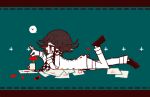  1boy aqua_background arm_belt aru_choumiryou belt black_footwear black_hair black_scarf buttons checkered_clothes checkered_scarf chromatic_aberration colored_inner_hair commentary_request crayon cross-laced_jacket danganronpa_(series) danganronpa_v3:_killing_harmony dotted_line from_side full_body hand_on_own_cheek hand_on_own_face heart jacket layered_sleeves leg_up letterboxed limited_palette long_sleeves lying male_focus multicolored_buttons multicolored_hair multiple_belts oma_kokichi on_stomach open_belt open_mouth pants paper plucking_petals red_eyes scarf shoes short_hair simple_background smile socks solo sparkle spoken_heart teeth thigh_belt thigh_strap tongue torn_clothes torn_scarf two-tone_scarf upper_teeth_only white_belt white_jacket white_pants white_scarf white_sleeves white_socks 