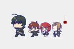  1girl black_hair black_suit chibi closed_eyes closed_mouth czzs2023 grey_background looking_at_another minato_kageaki multiple_boys nitroplus parody red_hair school_uniform simple_background soukou_akki_muramasa suit walking 