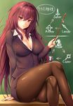 adapted_object alternate_costume ass_visible_through_thighs black_legwear breasts chalkboard cleavage commentary_request crossed_legs directional_arrow fate/grand_order fate_(series) gae_bolg gameplay_mechanics hair_intakes large_breasts long_hair office_lady pantyhose pointer purple_hair red_eyes scathach_(fate)_(all) scathach_(fate/grand_order) sitting smile solo teacher translated zukky 