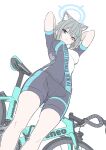  1girl animal_ear_fluff animal_ears bike_jersey bike_shorts biker_clothes blue_archive blue_eyes blue_halo cross_hair_ornament cycling_uniform extra_ears from_below hair_ornament halo highres masabodo mismatched_pupils official_alternate_costume shiroko_(blue_archive) shiroko_(cycling)_(blue_archive) simple_background solo white_background wolf_ears wolf_girl 