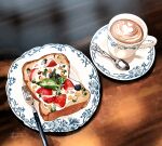  blueberry bread cafe coffee coffee_cup cup disposable_cup food food_focus fork fruit highres no_humans original plate restaurant saucer spoon strawberry table tomma_mayuka wooden_table 