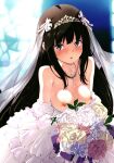  1girl black_hair blush bouquet breasts breasts_out bridal_veil dress highres inoue_takina izumi_mahiru jewelry large_breasts long_hair looking_at_viewer lycoris_recoil necklace nipples no_bra non-web_source open_mouth purple_eyes solo veil wedding_dress white_dress 