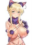  ahoge anger_vein animal_ears areola_slip areolae artoria_pendragon_(all) artoria_pendragon_(lancer) blonde_hair blush braid breasts cosplay dangerous_beast earrings elbow_gloves fake_animal_ears fate/grand_order fate_(series) french_braid glint gloves green_eyes hair_between_eyes hairband jewelry large_breasts mash_kyrielight mash_kyrielight_(cosplay) mr_cloud navel o-ring o-ring_top purple_gloves short_hair sidelocks solo suggestive_fluid 