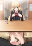  1girl absurdres ahoge artoria_caster_(fate) artoria_pendragon_(fate) barefoot besmiled blonde_hair blush coffee_cup cup disposable_cup fate/grand_order fate_(series) feet footjob footjob_over_clothes footjob_under_table green_eyes highres long_hair open_mouth pov school_uniform shoes soles spread_toes steam sweat sweatdrop table toenails toes unworn_shoes 