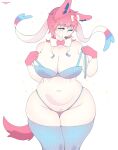 2024 accessory anthro anthrofied artist_name big_breasts blue_body blue_eyes blue_fur bow_ribbon bra breasts cherrikissu clothed clothing curvy_figure eeveelution eyelashes female fur generation_6_pokemon hair hair_accessory hair_bow hair_ribbon hi_res legwear multicolored_body multicolored_fur navel nintendo one_eye_closed panties pink_body pink_fur pink_hair pokemon pokemon_(species) pokemorph portrait ribbons simple_background slightly_chubby solo squish standing stockings sylveon thigh_highs thigh_squish three-quarter_portrait underwear voluptuous white_background white_body white_fur wide_hips