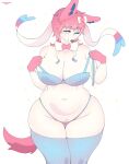  2024 accessory anthro anthrofied artist_name big_breasts blue_body blue_eyes blue_fur bow_ribbon bra breasts cherrikissu clothed clothing curvy_figure eeveelution eyelashes female fur generation_6_pokemon hair hair_accessory hair_bow hair_ribbon hi_res legwear multicolored_body multicolored_fur navel nintendo one_eye_closed panties pink_body pink_fur pink_hair pokemon pokemon_(species) pokemorph portrait ribbons simple_background slightly_chubby solo squish standing stockings sylveon thigh_highs thigh_squish three-quarter_portrait underwear voluptuous white_background white_body white_fur wide_hips 