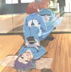  1boy 2girls :o asakura_toru bag blue_jacket blue_pants blush bottle brown_hair feet foot_on_back forehead haigyo highres higuchi_madoka holding holding_bag holding_bottle idolmaster idolmaster_shiny_colors indian_style indoors jacket legs_up lying mirror multiple_girls on_back pants plastic_bag producer_(idolmaster) purple_hair reflection sitting socks track_jacket track_pants white_socks wooden_floor 