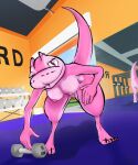 anthro clothed clothing female gym inside mirror mystery-goop pink_body pink_scales pinki_(mystery-goop) reptile scales scalie snake solo weights