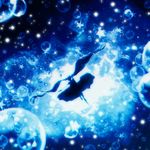  bad_id bad_pixiv_id blue blurry bubble dress falling from_behind harada_miyuki hatsune_miku highres leg_up light_particles long_hair monochrome outstretched_arm shinkai_shoujo_(vocaloid) silhouette sinking solo star twintails underwater very_long_hair vocaloid 