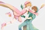  1boy 1girl blush boots brown_eyes brown_hair cardcaptor_sakura closed_eyes coat elbow_gloves gloves hat highres holding holding_wand hoshi_no_tsue imminent_hug jumping kinomoto_sakura li_syaoran looking_at_another open_mouth rii2a77ru short_hair shorts smile wand 