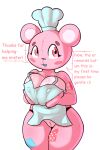  absurd_res animate_inanimate anthro apron apron_only bear big_breasts blush blush_stickers breasts chef_hat clothing dialogue female fluffolio genitals hat headgear headwear hi_res holding_breast living_plushie looking_at_viewer mammal mostly_nude nipple_outline open_mouth pink_body plushie pressing_breasts_together pussy seam_(sewing) simple_background solo teddy_bear thick_thighs white_background 