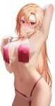  1girl angelica_rafa_redgrave arm_behind_head blonde_hair blush breast_curtains commission covered_nipples hair_between_eyes hair_down highres kameponde long_hair looking_at_viewer navel nose_blush o-ring o-ring_bottom otome_gee_sekai_wa_mob_ni_kibishii_sekai_desu pixiv_commission red_eyes simple_background solo white_background 