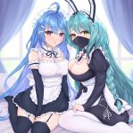  2girls ahoge alternate_costume animal_ears apron aqua_hair azur_lane black_garter_straps black_mask black_thighhighs blue_hair boise_(azur_lane) boise_(flawed_but_delectable)_(azur_lane) breasts cleavage enmaided fake_animal_ears garter_straps hair_intakes helena_(azur_lane) highres indoors kyl490 large_breasts long_braid long_hair long_sleeves looking_at_viewer maid maid_headdress mask medium_breasts mouth_mask multiple_girls official_alternate_costume pantyhose parted_lips purple_eyes rabbit_ears sitting thighhighs waist_apron white_apron white_pantyhose window yellow_eyes 