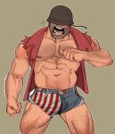  1boy abs american_flag_legwear bara bare_pectorals clenched_hand hairy hat_over_eyes helmet highres large_pectorals male_focus mature_male muscular muscular_male navel nipples pants pectorals pointing pointing_at_self serg64_(b64arts) shouting soldier_(tf2) solo sparse_navel_hair standing stomach strongman_waist team_fortress_2 thick_arm_hair thick_chest_hair thick_leg_hair thick_thighs thighs torn_clothes torn_pants torn_sleeves veins veiny_arms 
