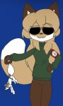 anthro armband averi_(fiddleafox) brown_body brown_clothing brown_fur canid canine carrying_another clothing dipstick_tail duo eyewear female female_anthro fox fur gloves_(marking) green_clothing hair hand_on_hip holding_by_tail mammal markings nazi size_difference standing sunglasses swastika tail tail_markings tomokopills unknown_character white_body white_fur