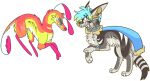 2017 alpha_channel ambiguous_gender blue_hair blue_outline canid canine canis cape claws clothing digital_drawing_(artwork) digital_media_(artwork) digitigrade domestic_dog duo feral feral_with_hair flat_colors fur green_highlights grey_body grey_fur hair hi_res highlights_(coloring) horizontal_pupils inner_ear_fluff jaspering mammal markings multicolored_eyes orange_body orange_fur outline paws pink_eyes pupils red_body red_fur ring_(marking) ringed_tail simple_background smile snout sparkles striped_markings striped_tail stripes tail tail_markings tail_tuft tan_inner_ear tan_inner_ear_fluff tan_nose teeth transparent_background tuft two_tone_eyes watermark whisker_spots yellow_body yellow_eyes yellow_fur yellow_outline