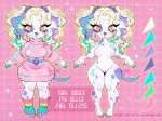 2023 80&#039;s_theme anthro big_breasts biped blonde_hair breasts canid canine canis claws clothed clothing color_swatch colorful_theme dalmatian domestic_dog dress english_text eyelashes featureless_breasts featureless_crotch female hair hi_res mammal model_sheet multicolored_hair nude off/on paws pink_clothing pink_dress pink_eyes solo sparkledog sparkles spookieghoulie standing text watermark wide_hips