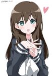  1girl absurdres blue_eyes brown_hair heart hibike!_euphonium highres kuroe_mayu long_hair looking_at_viewer own_hands_together school_uniform smile white_background white_gorilla_(okamoto) 