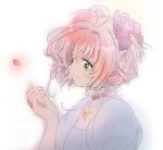  1girl antenna_hair cardcaptor_sakura choker dress frilled_choker frills green_eyes hair_ornament kinomoto_sakura light_smile looking_to_the_side petals pink_hair rii2a77ru short_hair simple_background solo star_(symbol) star_choker upper_body white_background white_dress 