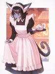 amelia_(disambiguation) anthro apron beverage clothing domestic_cat eyes_closed felid feline felis female fur grey_body grey_fur grey_hair hair holding_object inside leaning leaning_forward maid_apron maid_headdress maid_uniform mammal markings pinkerie smile solo striped_markings striped_tail stripes tail tail_markings tea teapot tray uniform