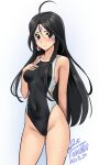  1girl aa_megami-sama ahoge artist_name black_hair black_one-piece_swimsuit breasts brown_eyes competition_swimsuit covered_navel dated facial_mark forehead_mark groin hair_between_eyes highleg highleg_swimsuit highres long_hair one-piece_swimsuit signature skuld_(aa_megami-sama) small_breasts solo swimsuit two-tone_swimsuit white_background yoo_tenchi 