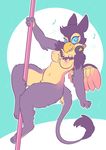  2016 3_toes 4_fingers anthro avian beak bird blue_eyes breasts cat-boots claws dancing digitigrade feathered_wings feathers feline female headphones hybrid mammal musical_note nipples nude pole pole_dancing simple_background smile solo sparkles toes wings 